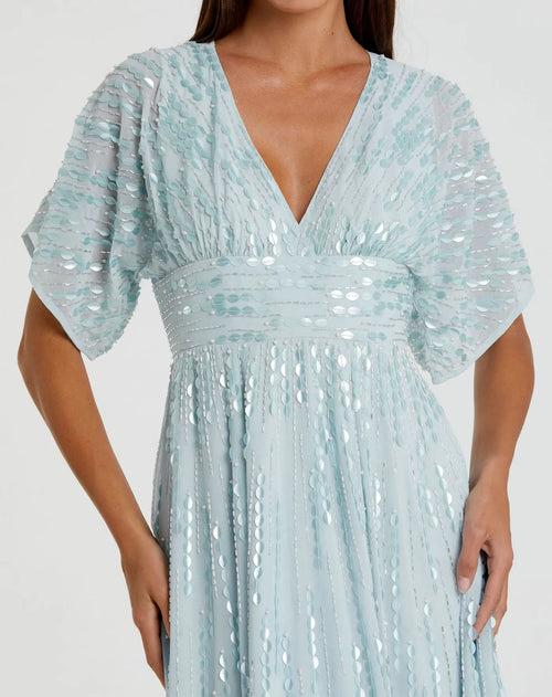 Blue Embellished V Neck Evening Gown