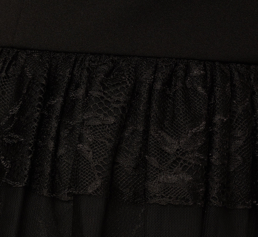 Off Shoulder Lace Ruffle Combo Gown In Black
