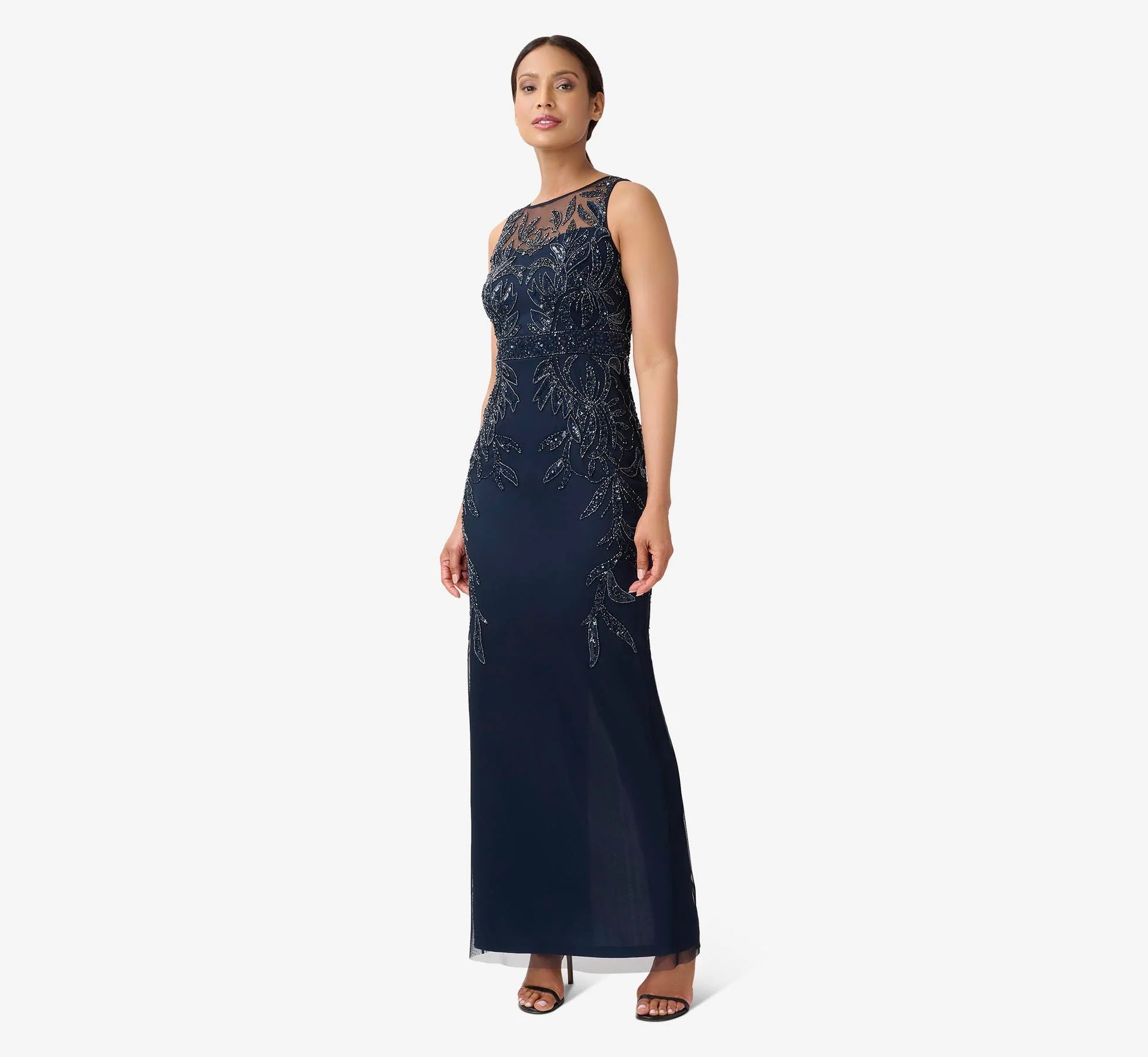 Auspros Hand-Beaded Sleeveless Slim Column Gown In Midnight