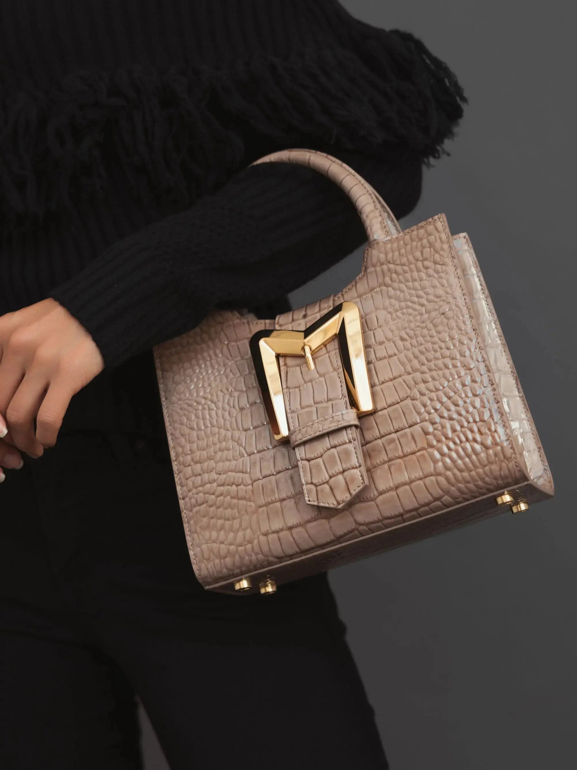 Crocodile Leather Tote Bag With Gold Buckle