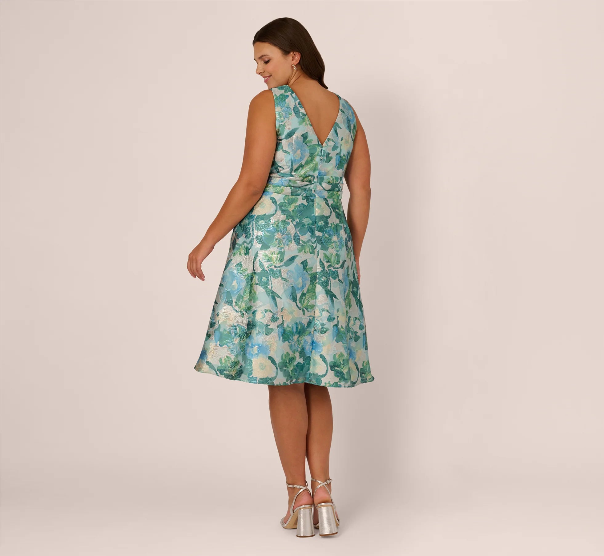 Plus Size Metallic Floral Jacquard Midi Dress In Blue Multi
