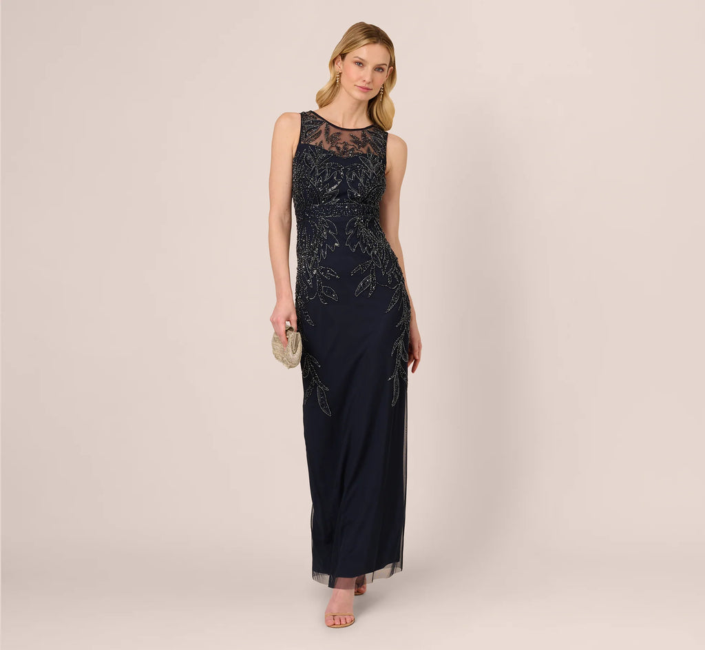Auspros Hand-Beaded Sleeveless Slim Column Gown In Midnight