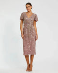 Purple Embellished Faux Wrap Flutter Sleeve Dress