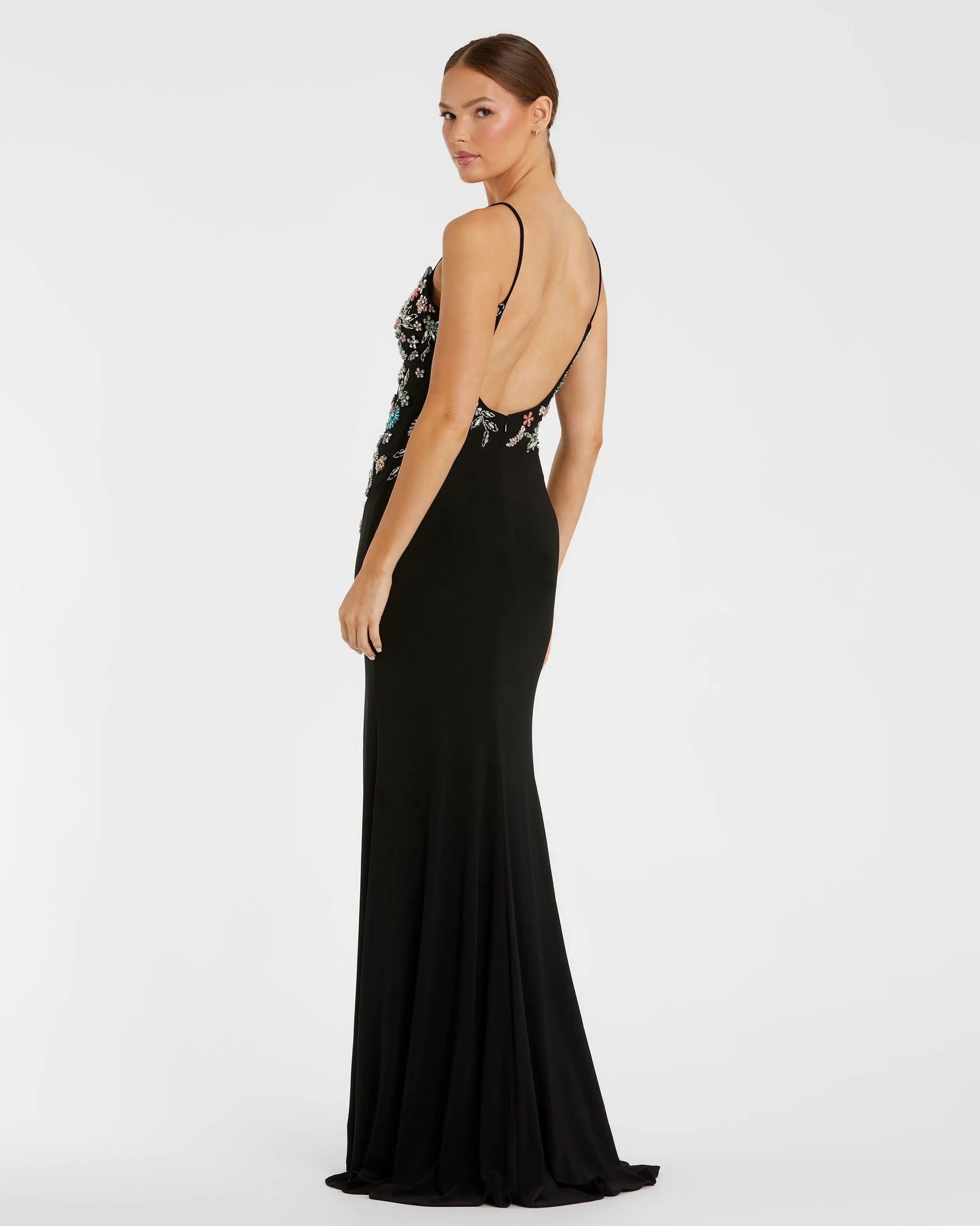 Black Multi Color Beaded Floral Cami Gown