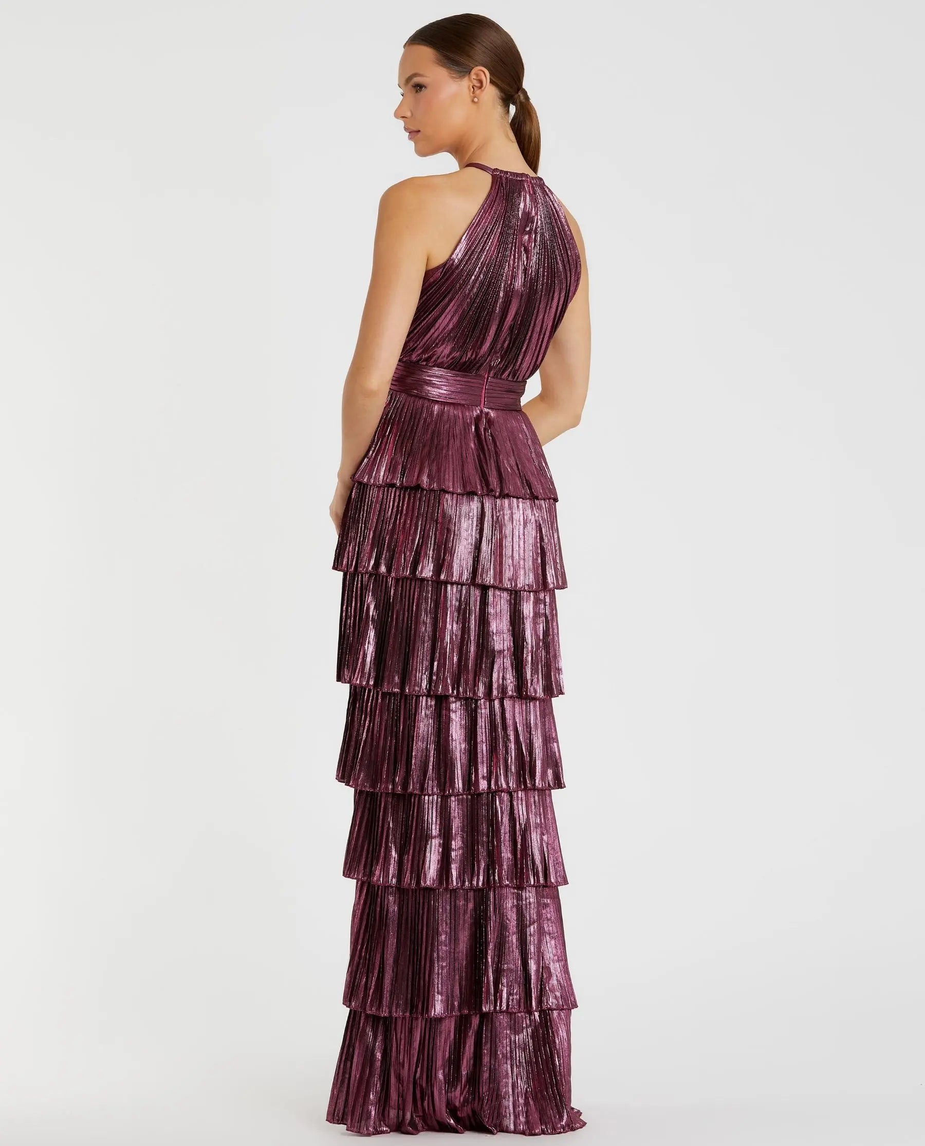 Purple Metallic Halter Neck Tiered Ruffle Gown