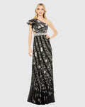 Multicolor Embroidered Ruffled One Shoulder Lace Up Gown