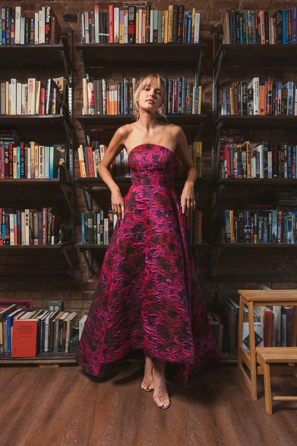 Multicolor Strapless Brocade High Low A Line Gown