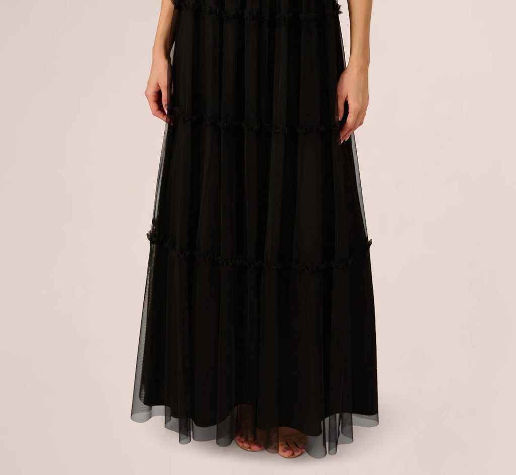 Sleeveless Notch Neck Tiered Mesh Gown In Black