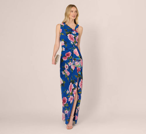 Asymmetrical Draped Floral Chiffon Gown In Dark Blue Multi