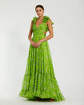 Ruffle Tiered Floral Cut-Out Chiffon Gown