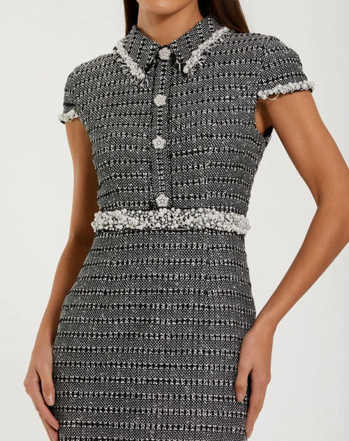 Black Embellished Cap Sleeve Boucle Midi Dress