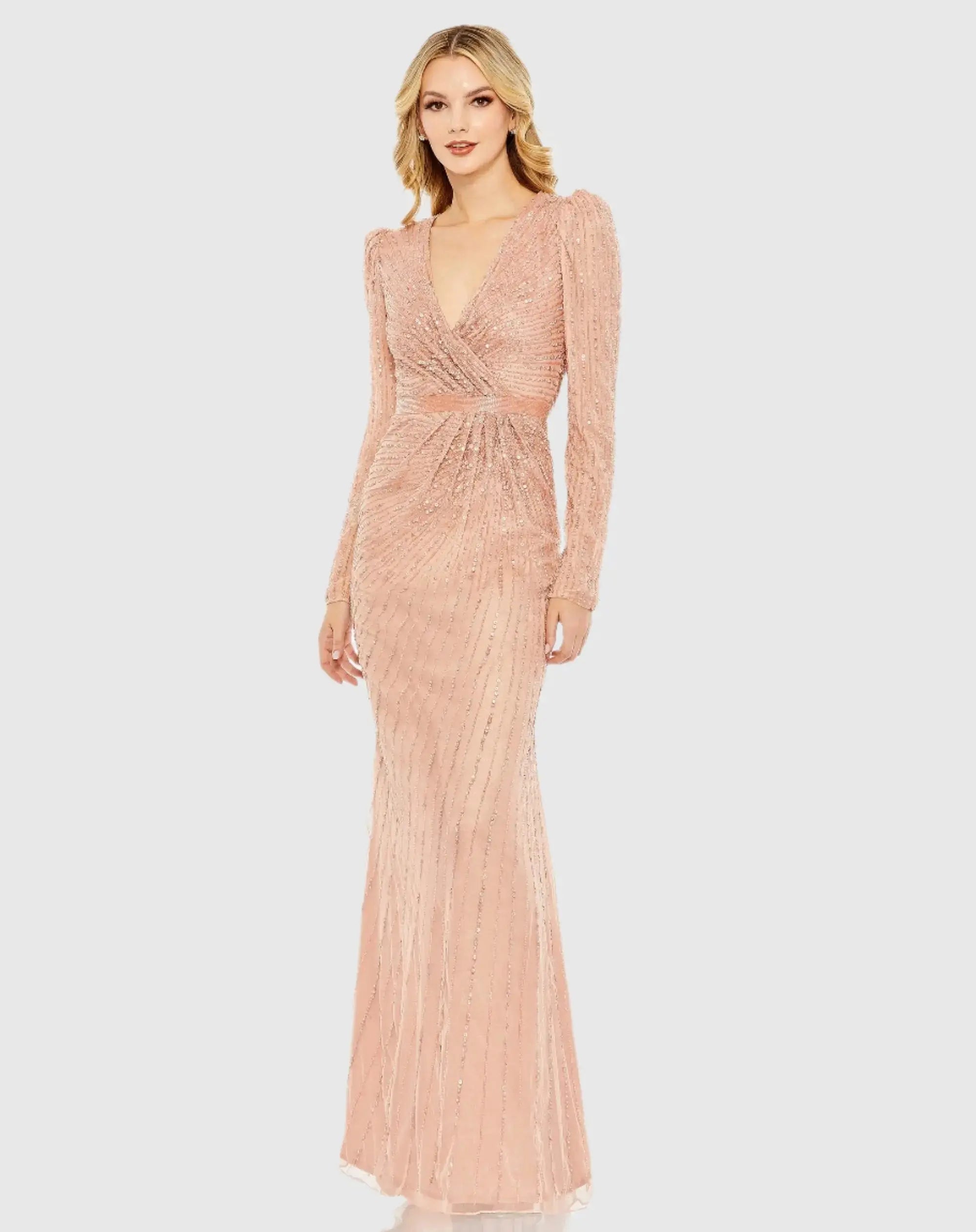 Sequined Wrap Over Long Sleeve Gown