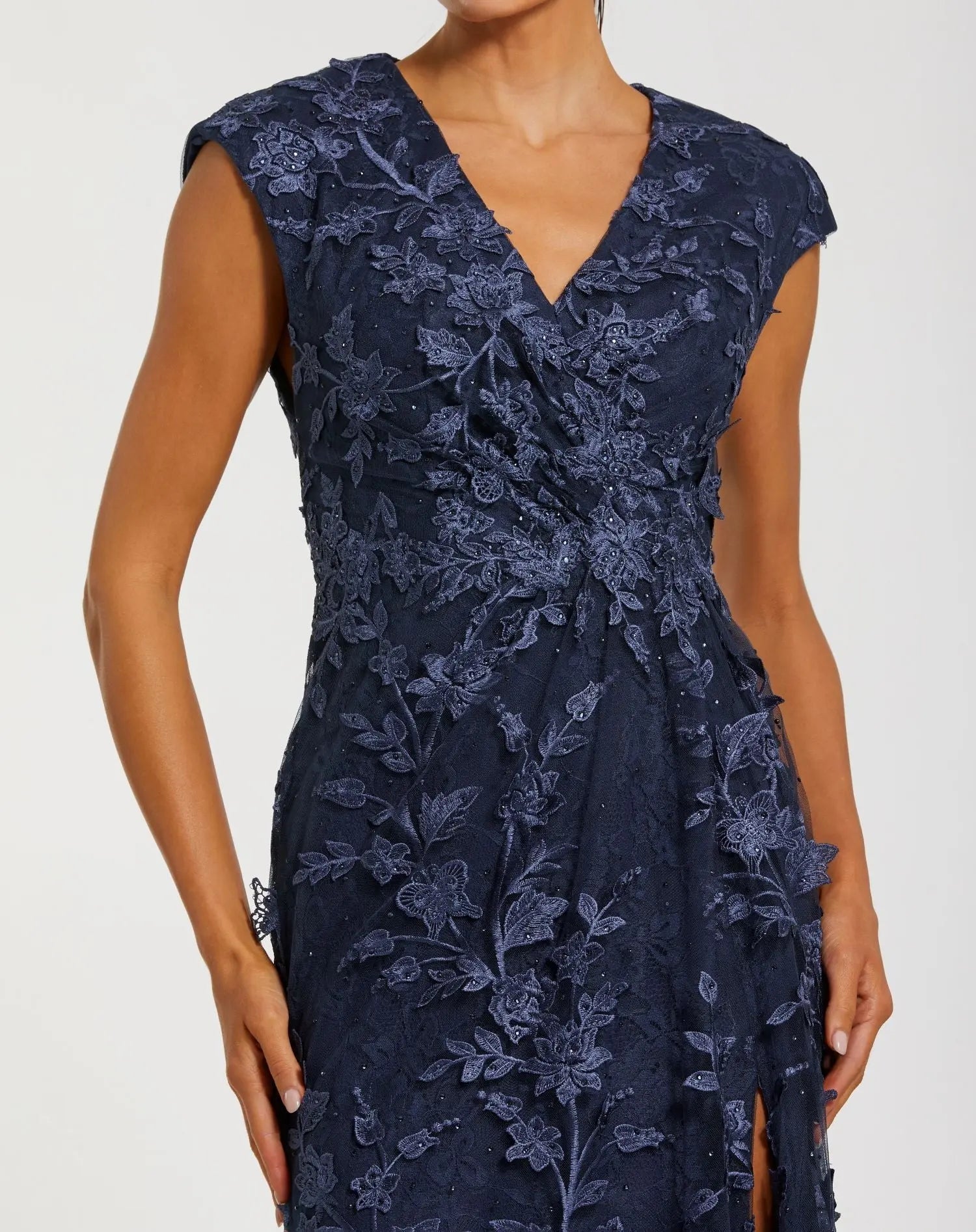 Women's Faux Wrap Embroidered Cap Sleeve Gown