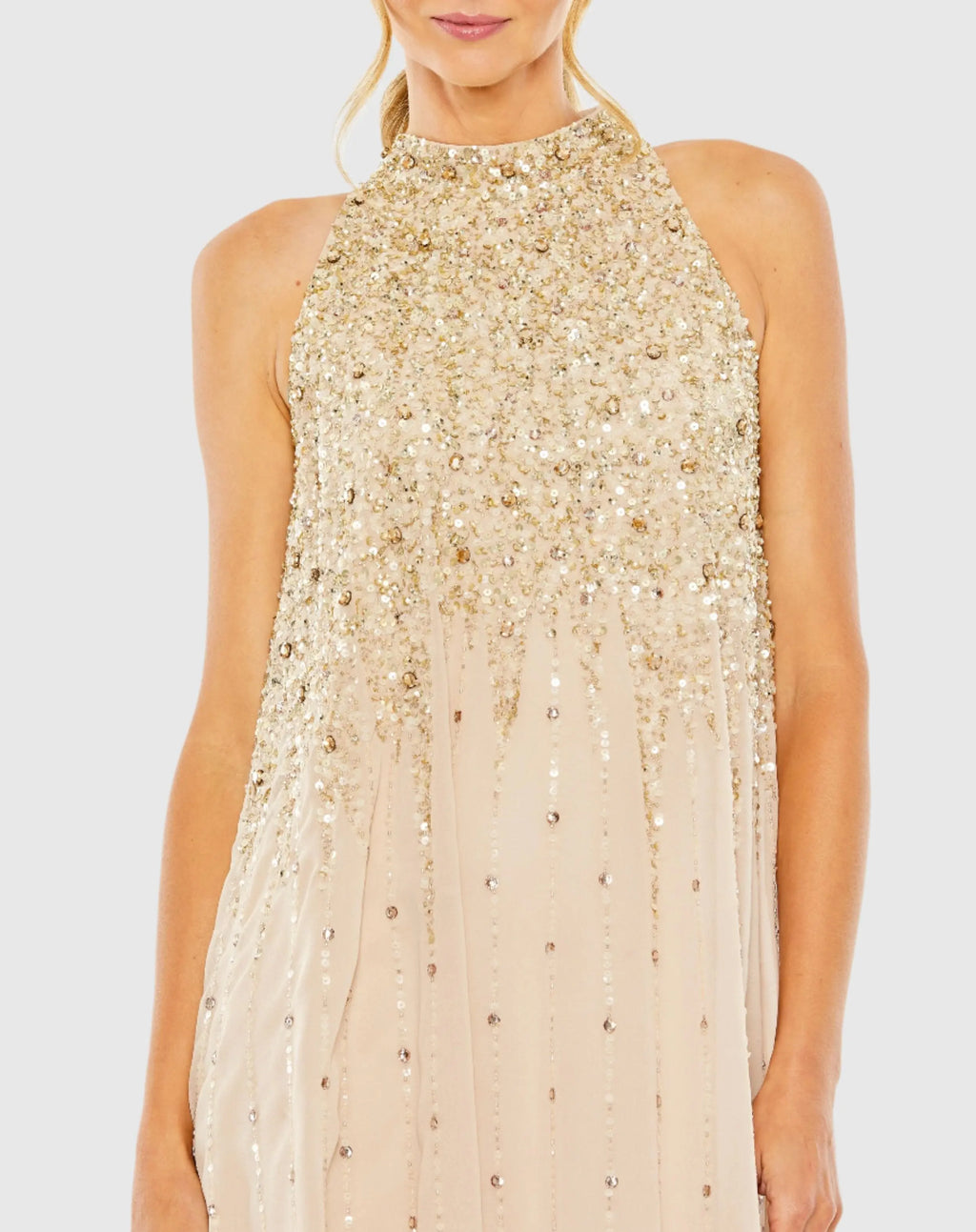 Beige High Neck Sleeveless Sequin Embellished Trapeze Dress
