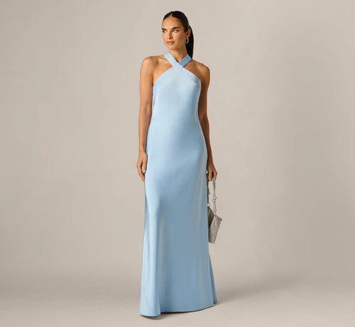 Bias Cut Stretch Satin Scarf Halter Gown In Azure Blue