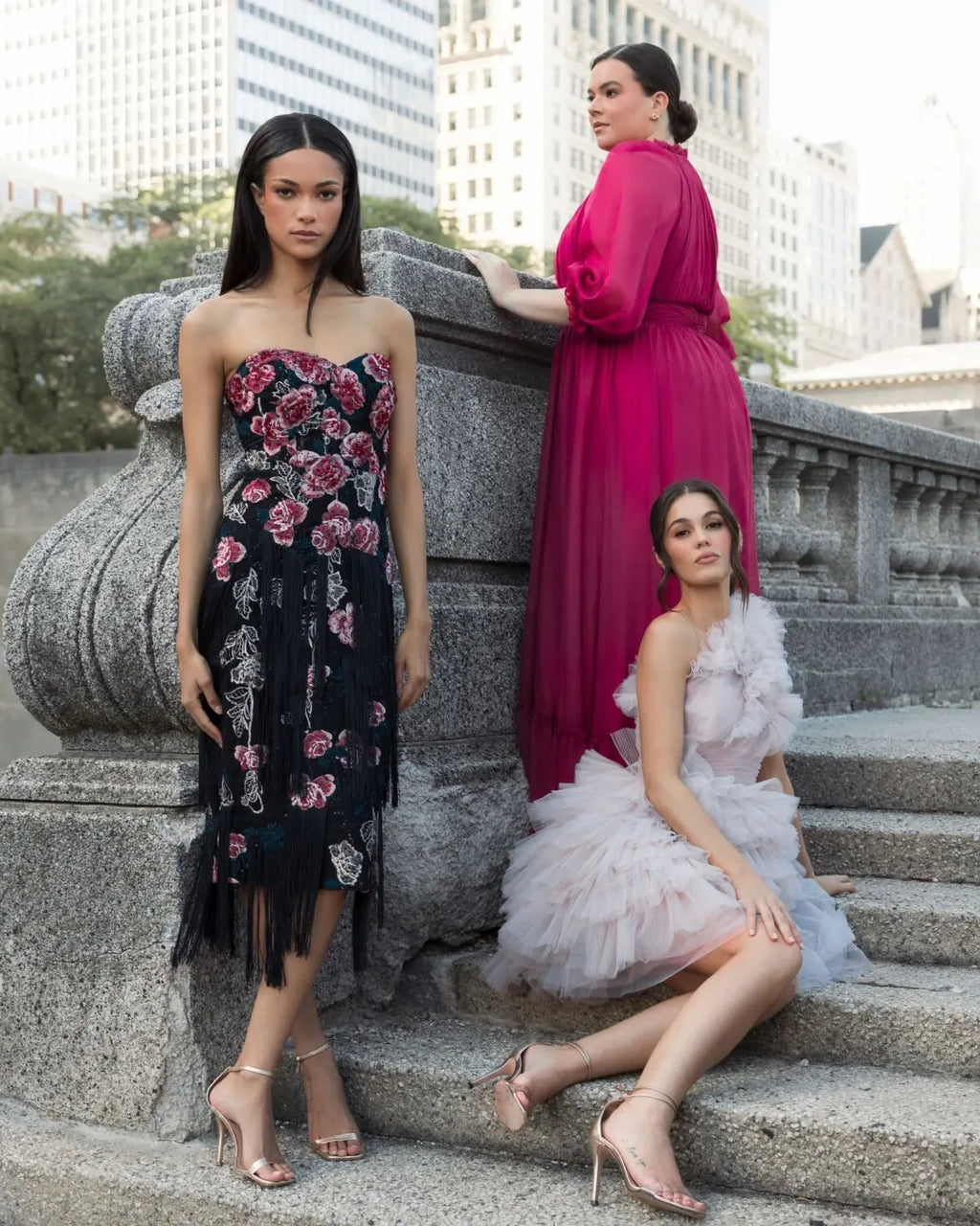 Black Strapless Floral Embroidered Midi Dress With Fringe Detailing