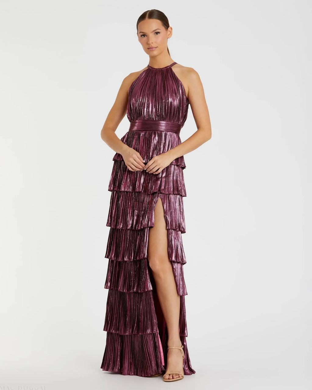 Purple Metallic Halter Neck Tiered Ruffle Gown