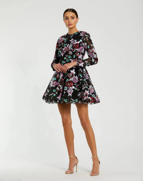 Black High Neck Long Sleeve Sequin A Line Mini Dress