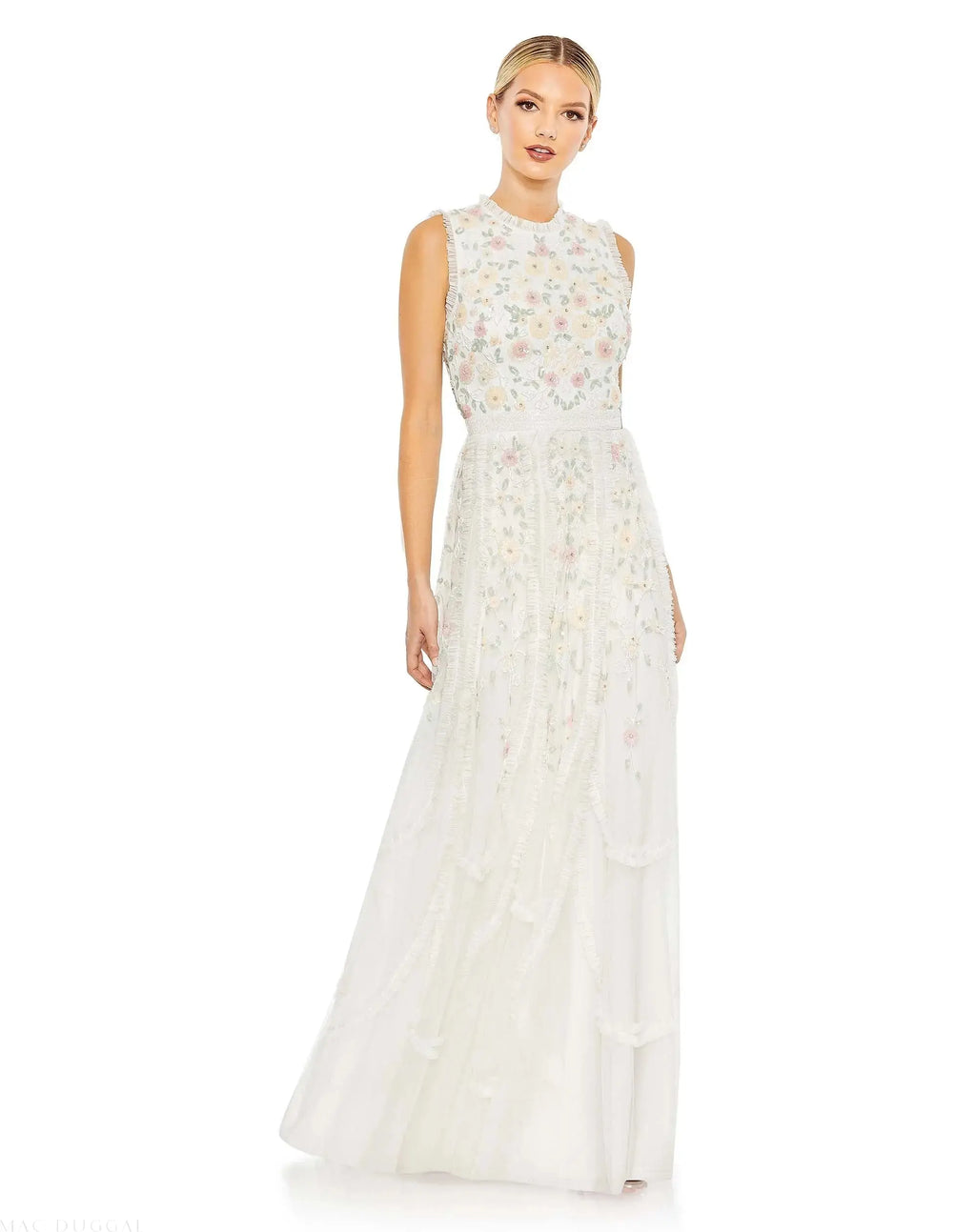 Embroidered High Neck Sleeveless Ruffled Gown