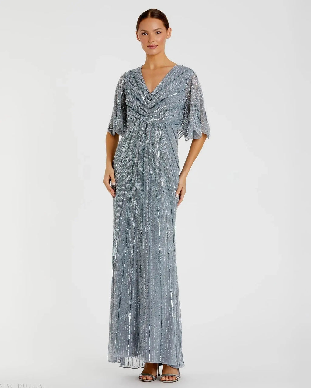 Blue Sequined V Neck Cape Sleeve Gown
