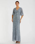 Blue Sequined V Neck Cape Sleeve Gown