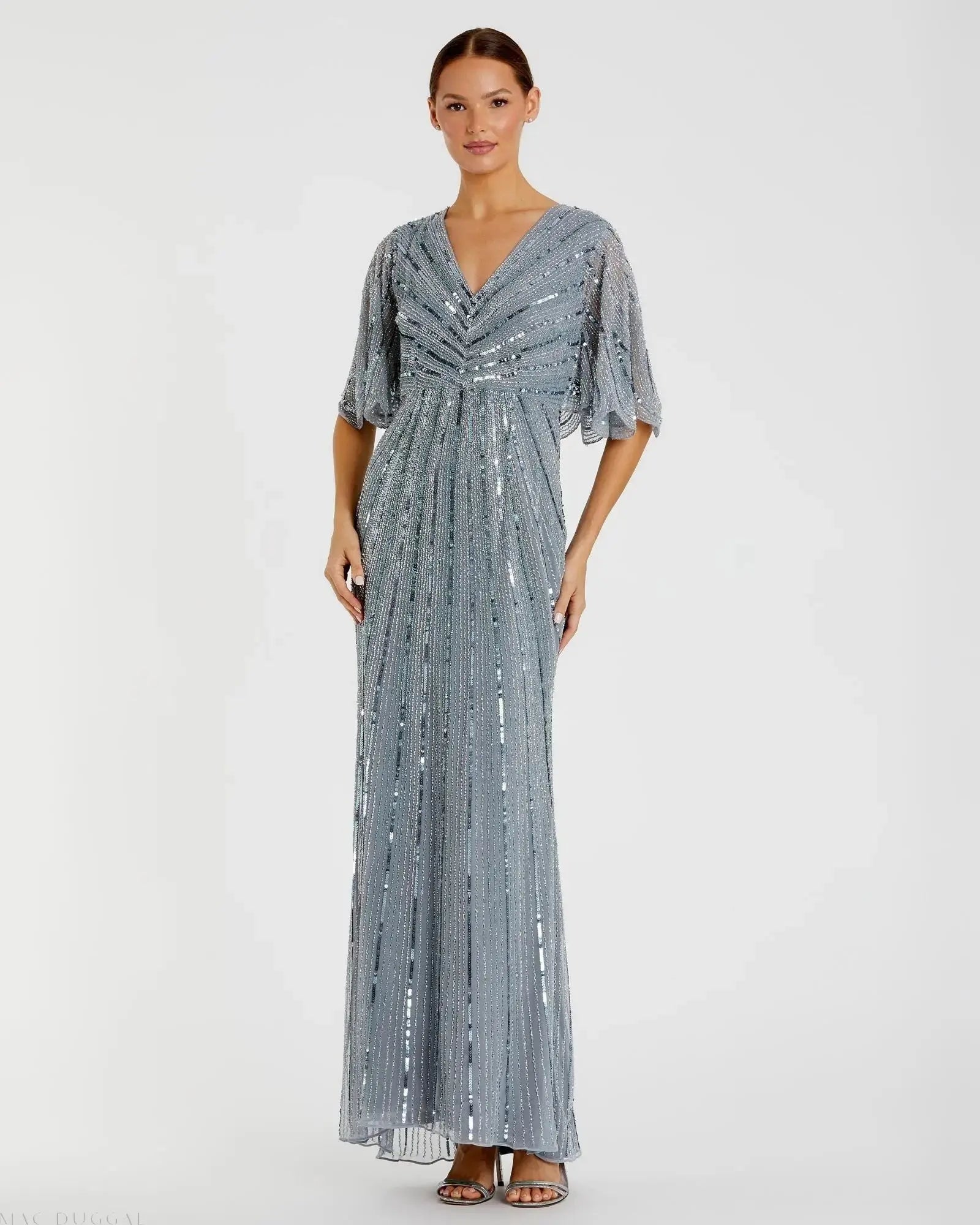 Blue Sequined V Neck Cape Sleeve Gown