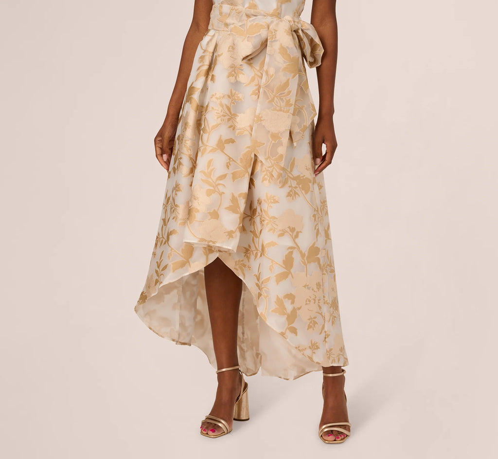One Shoulder Organza Jacquard High Low Gown In Champagne Ivory