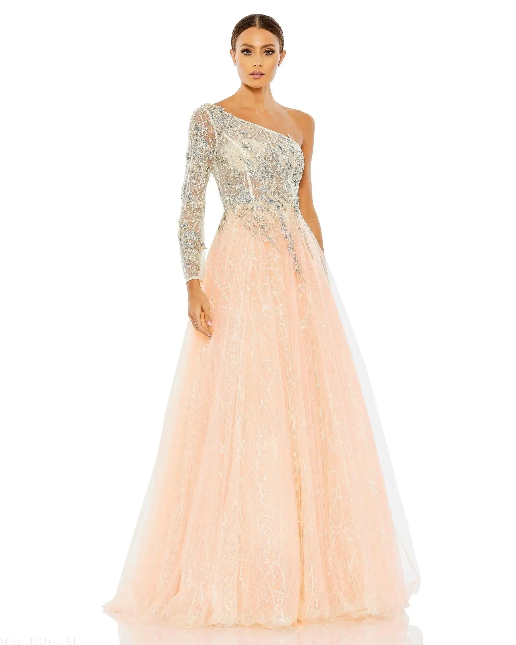 Embroidered One Shoulder Bodice Ballgown