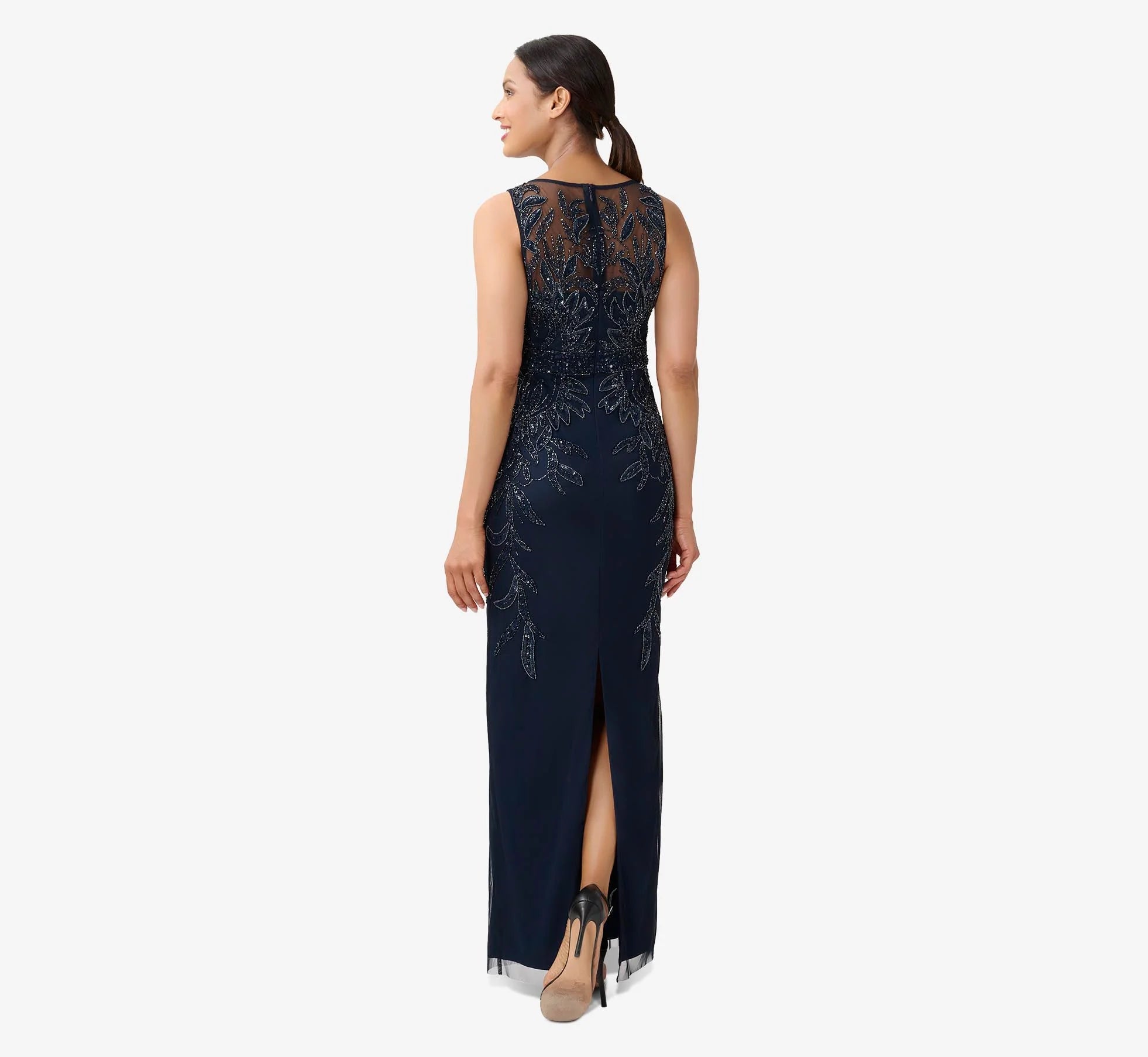 Auspros Hand-Beaded Sleeveless Slim Column Gown In Midnight