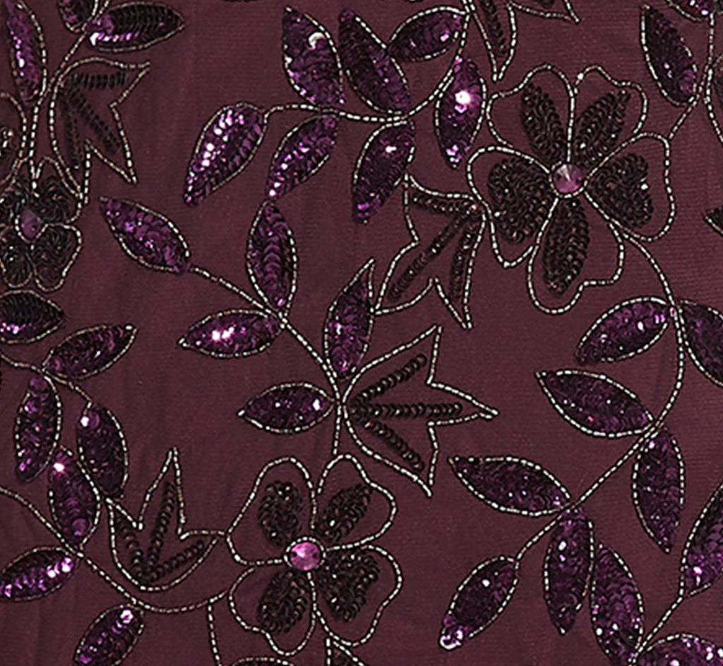 Plus Size Hand Beaded Short Sleeve Floral Godet Gown In Night Plum