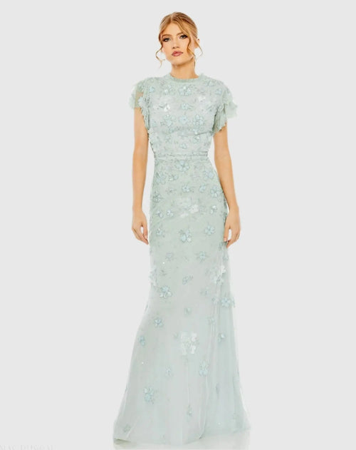 Blue Floral Embellished High Neck Flutter Sleeve Gown