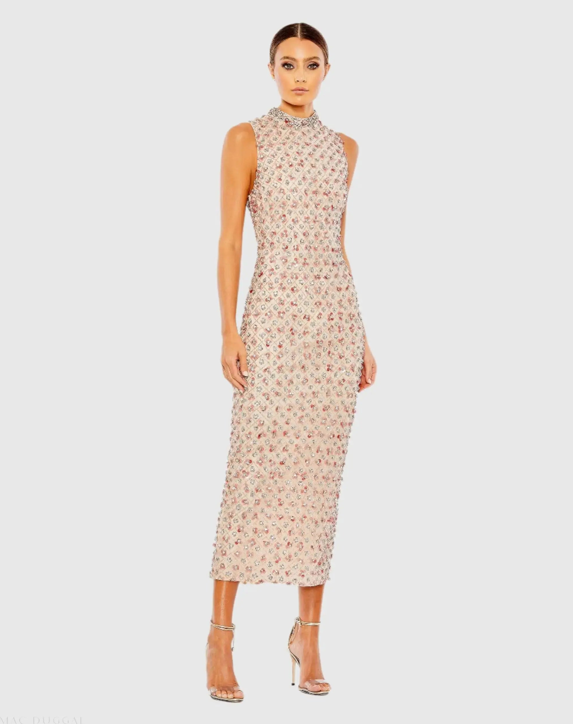 Pink Embellished High Neck Sleeveless Column Dress