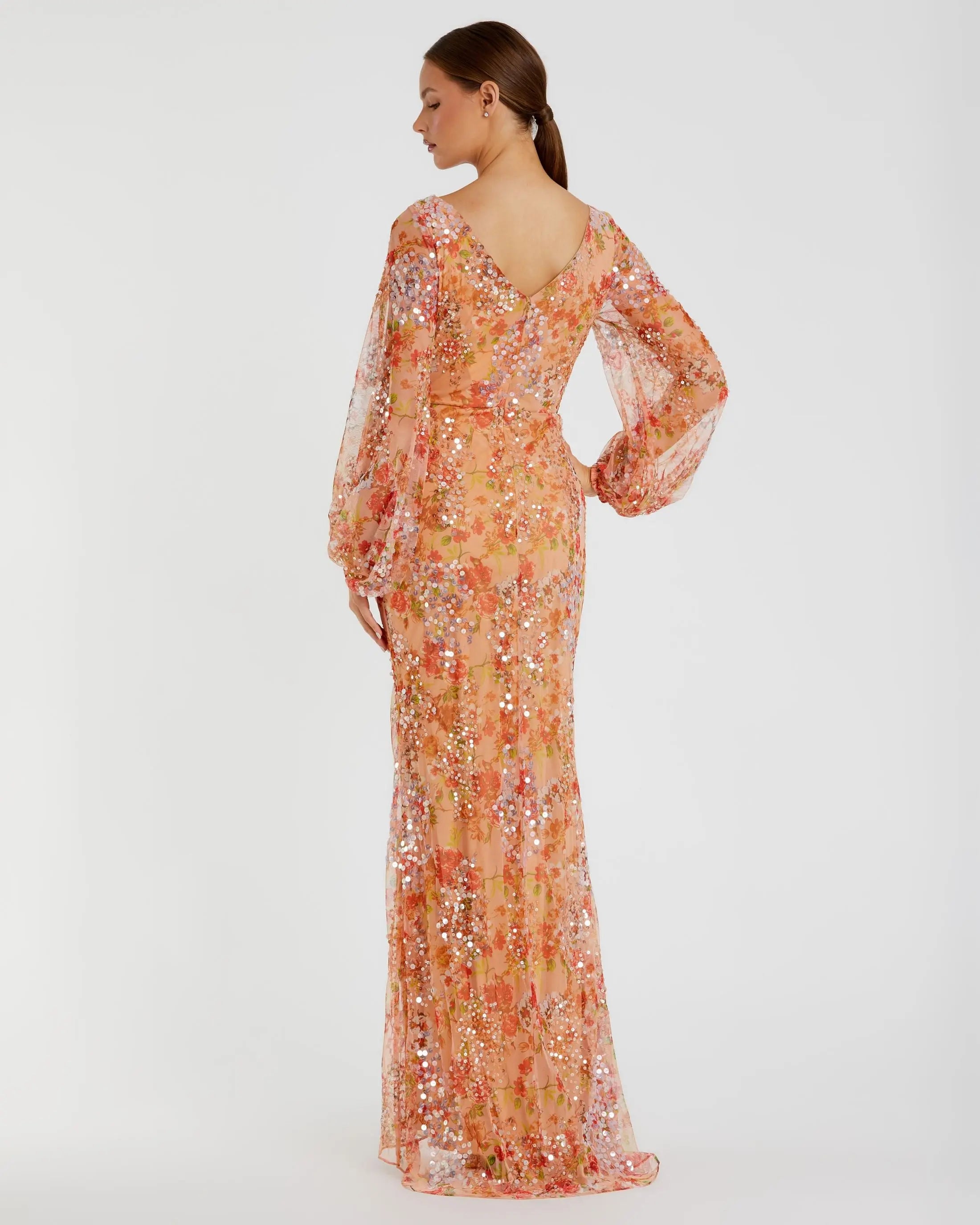 Orange Floral Print Sequined Puff Sleeve Gown