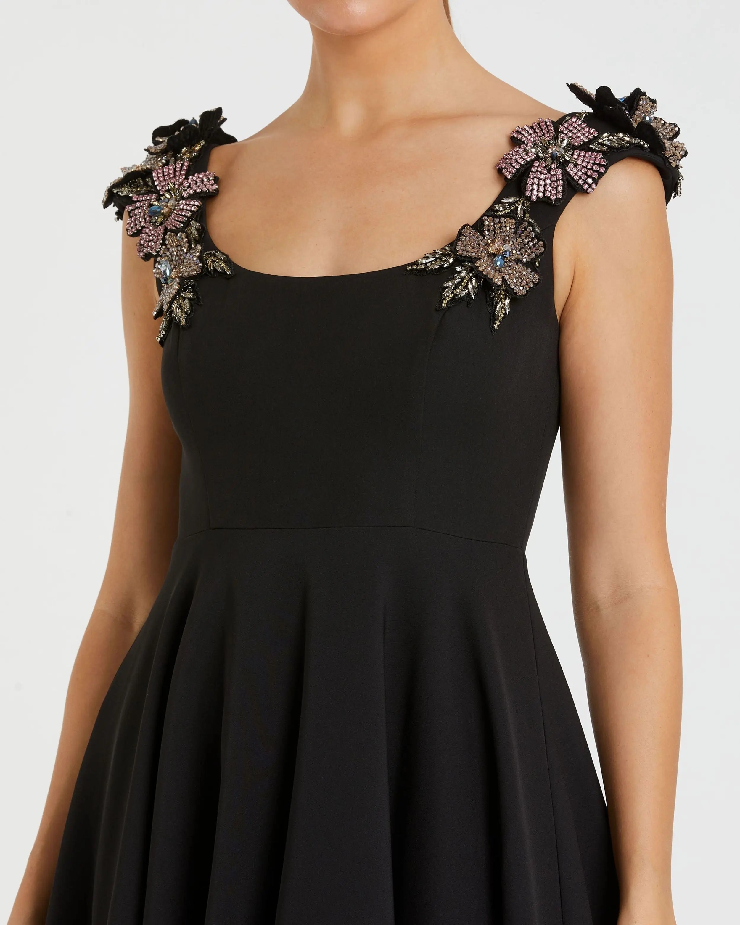 Black Crepe Sleeveless Ballgown With Rhinestone Flowers