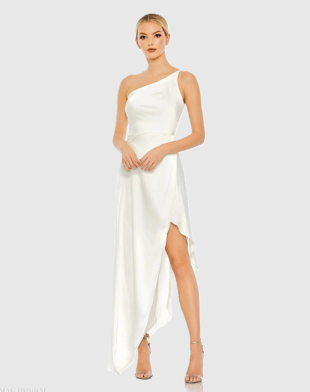 White One Shoulder Hi-Low Draped Charmeuse Dress