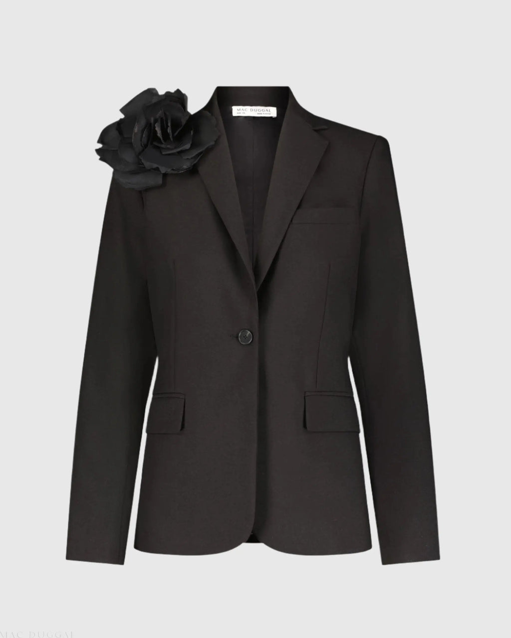Black Classic Crepe Blazer Jacket With Flower