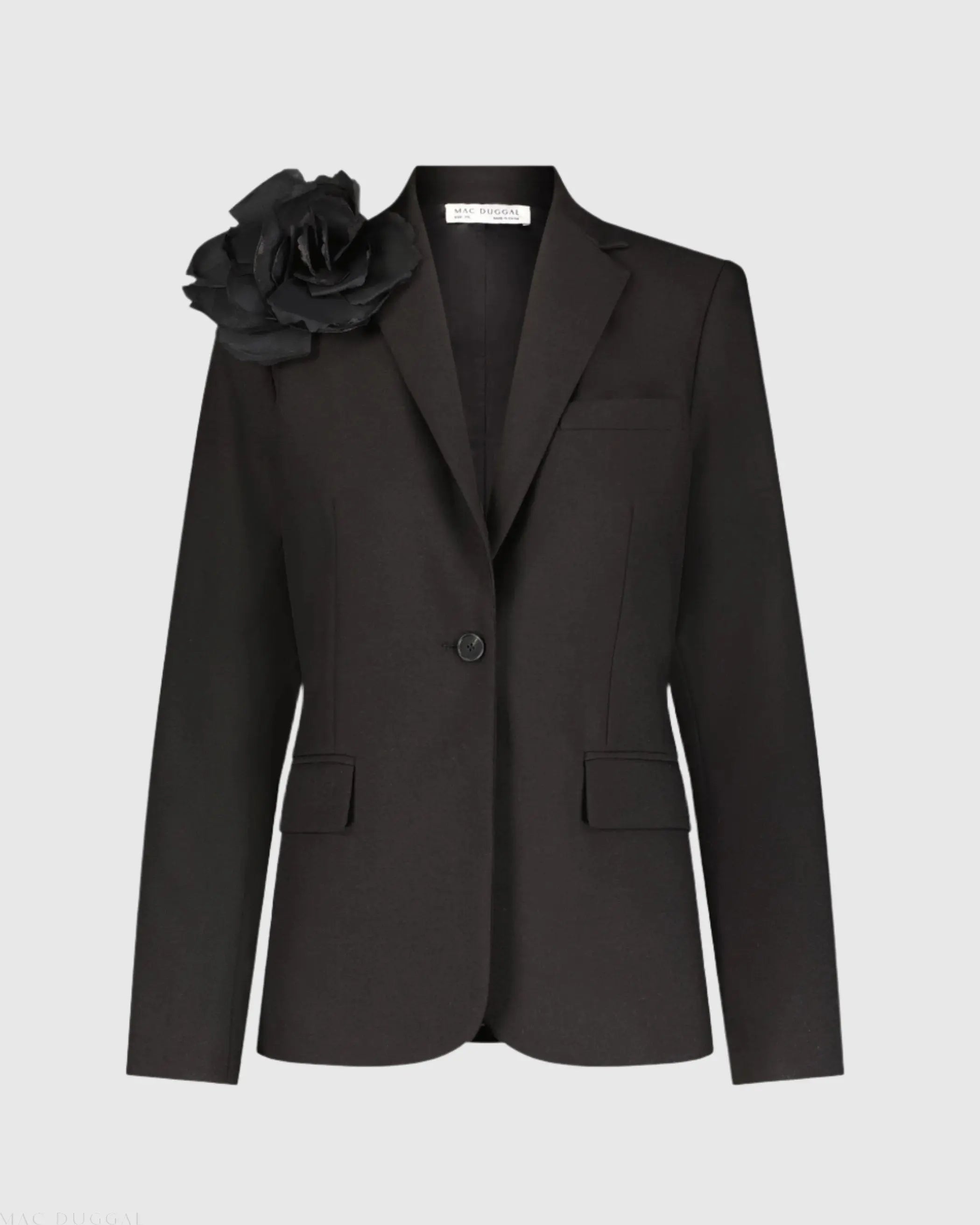 Black Classic Crepe Blazer Jacket With Flower