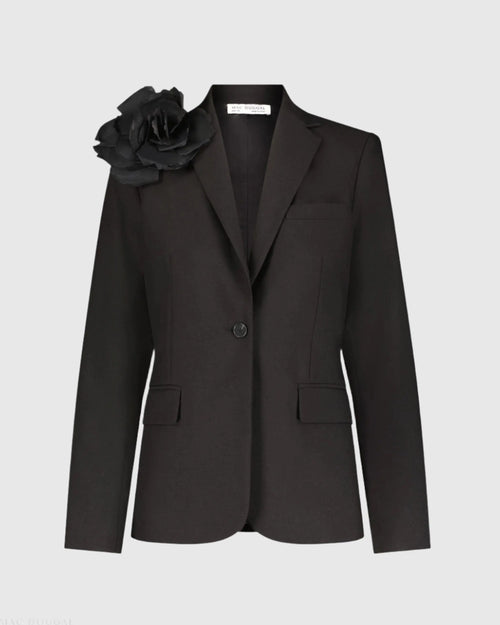 Black Classic Crepe Blazer Jacket With Flower