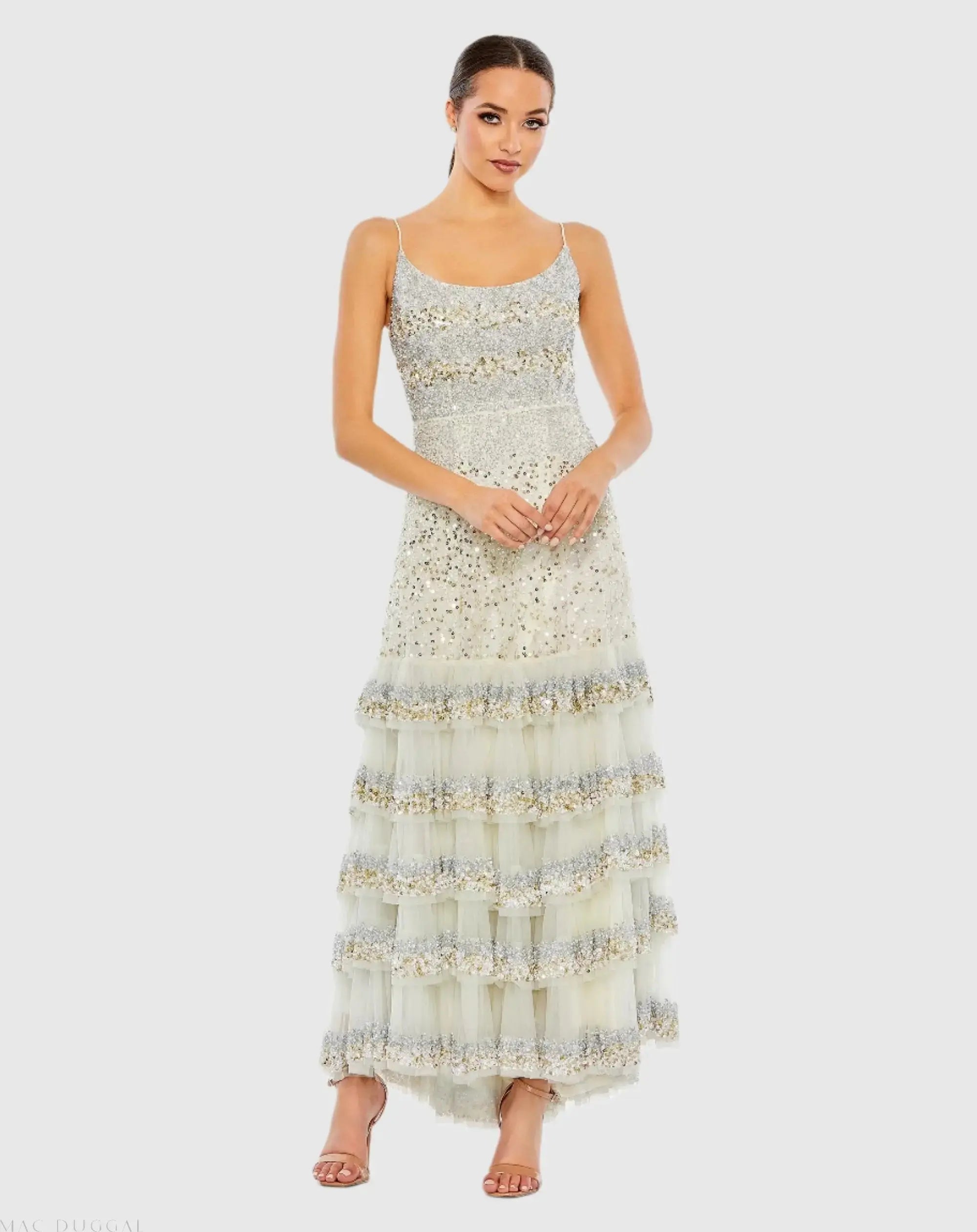 Embellished Scoop Neck Tiered Gown