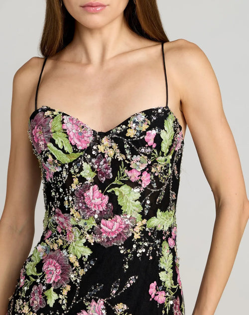 Black Embellished Bustier Floral Trumpet Gown