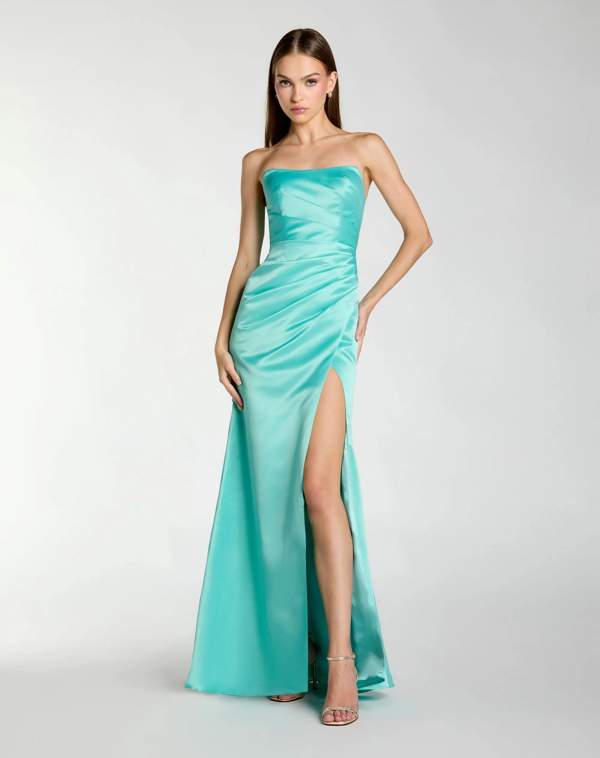 Strapless Gathered High Slit Gown