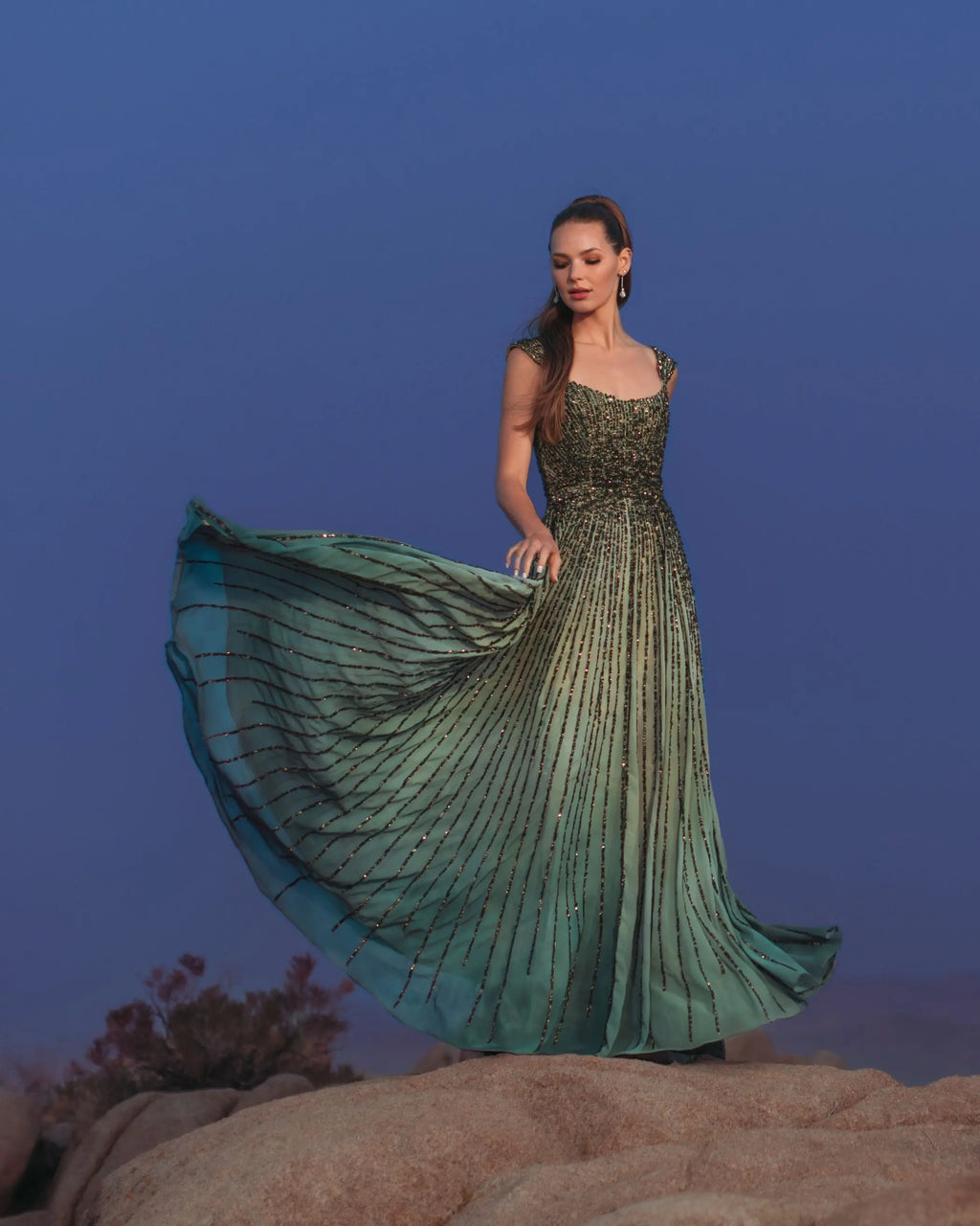 Green Sleeveless Sequin A Line Ombre Gown
