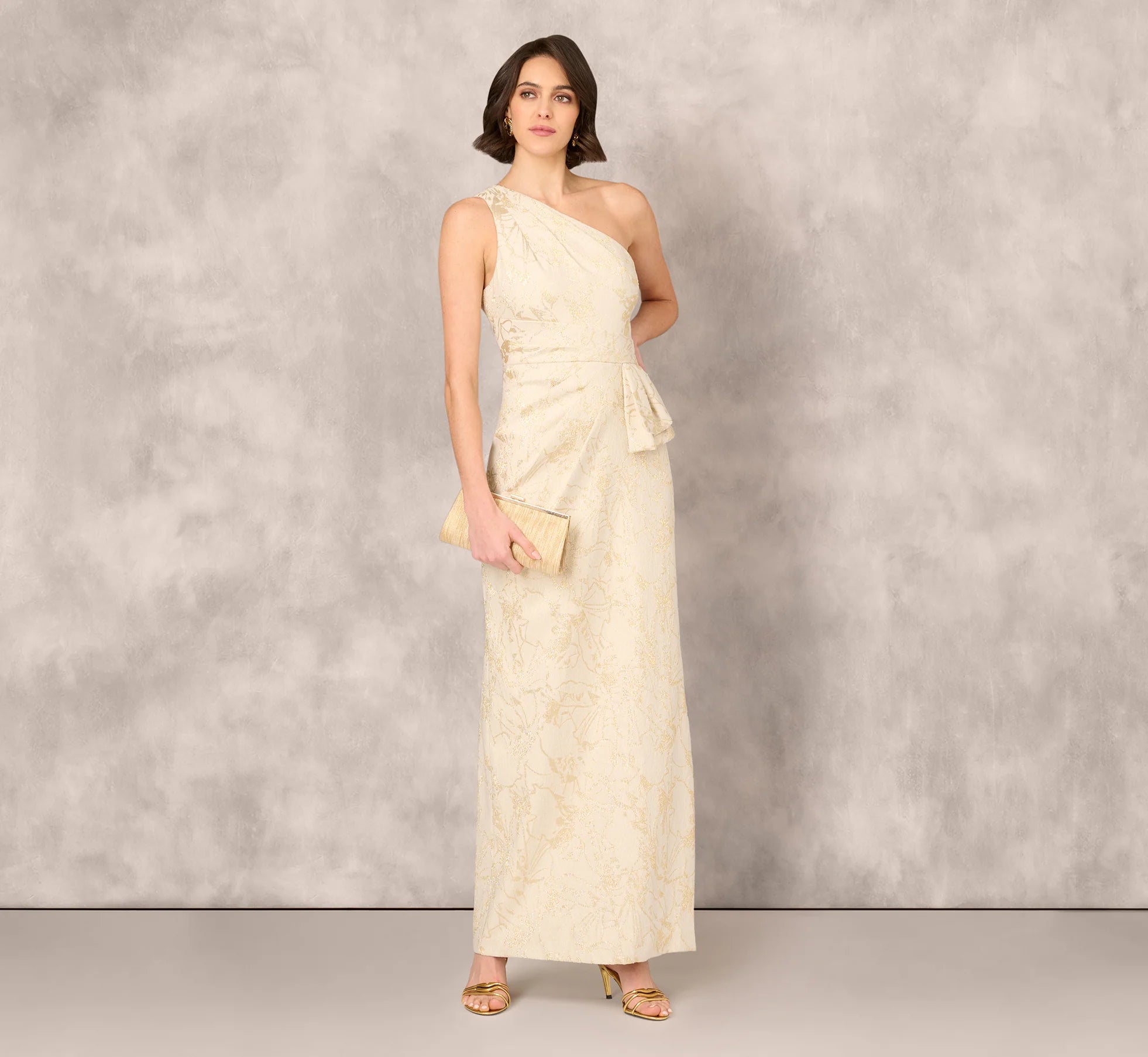 One Shoulder Metallic Stretch Jacquard Column Gown In Light Gold