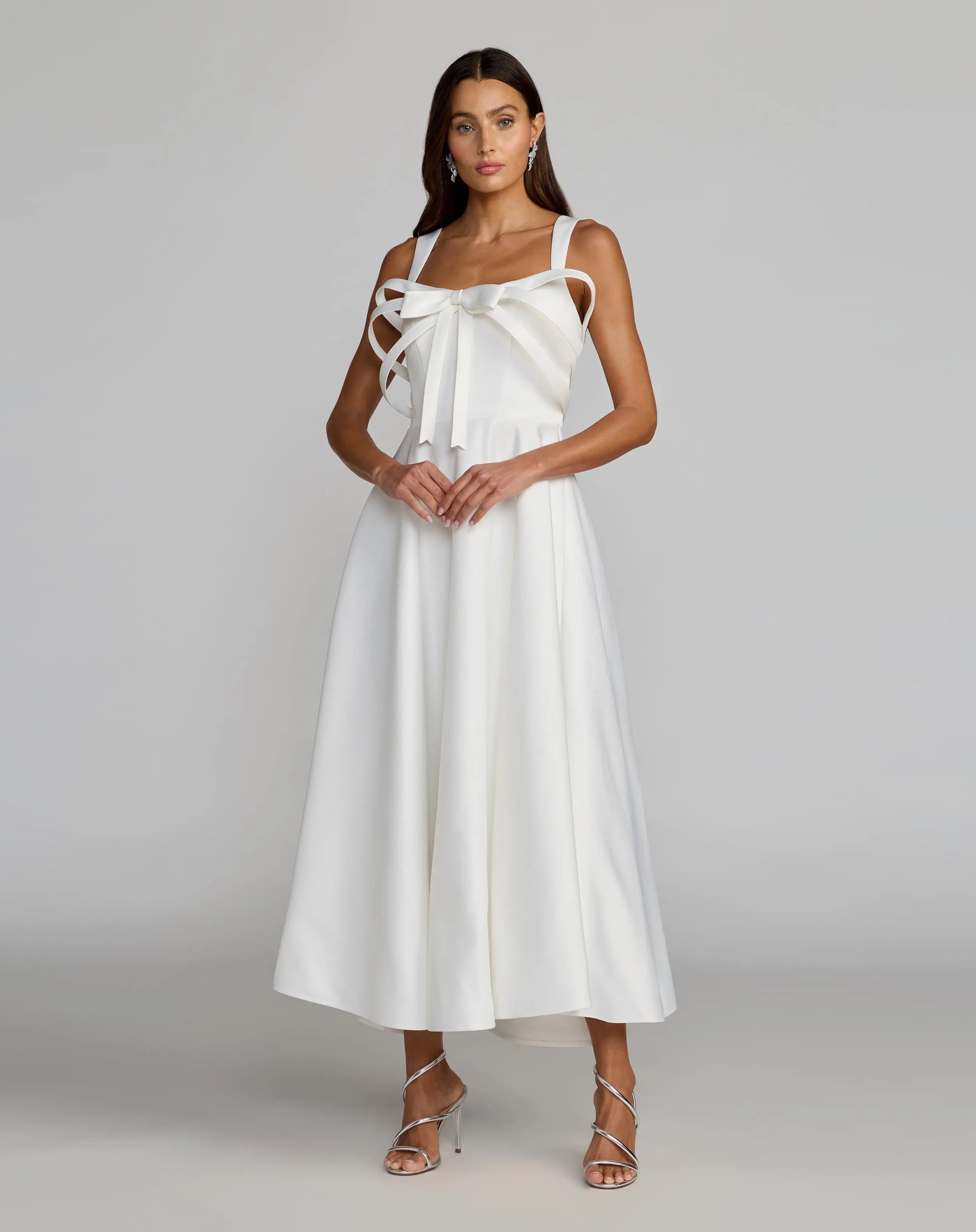 Satin Sleeveless A Line Midi Dress With Bow