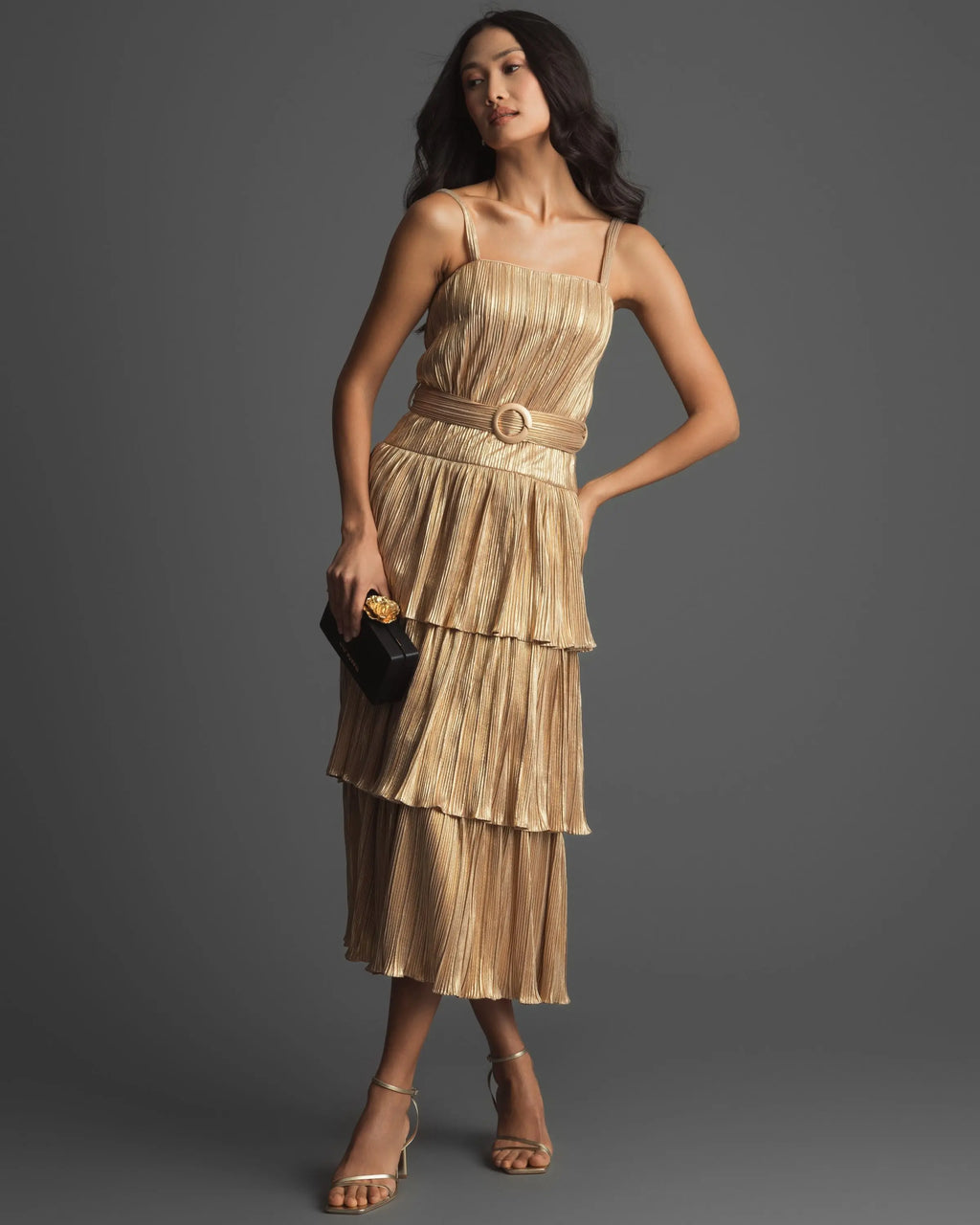 Gold Ruffle Tiered Buckle Detail Dress