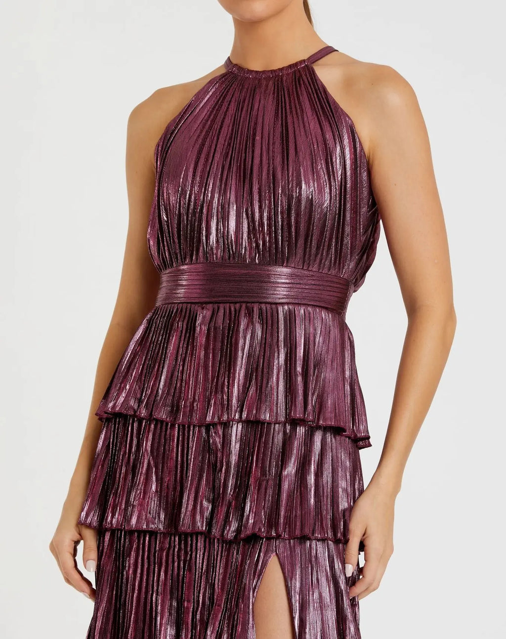 Purple Metallic Halter Neck Tiered Ruffle Gown