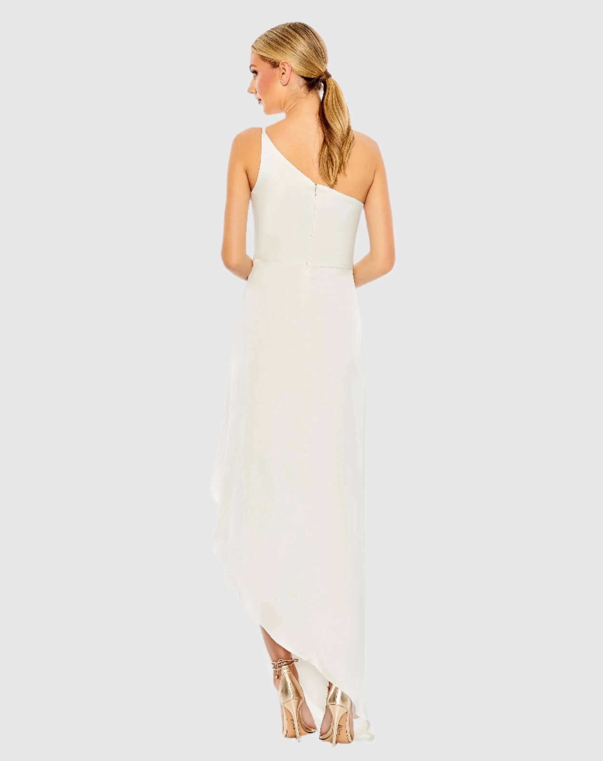 White One Shoulder Hi-Low Draped Charmeuse Dress