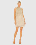 Beige High Neck Sleeveless Sequin Embellished Trapeze Dress