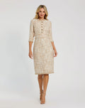 Beaded Trim Boucle Midi Dress with 3/4 Sleeves