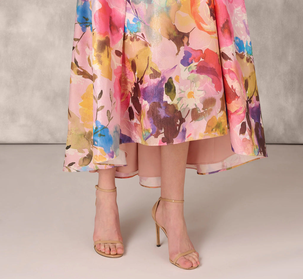 Multicolor Metallic Floral Print Jacquard High Low Gown With Pockets In Pink Multi